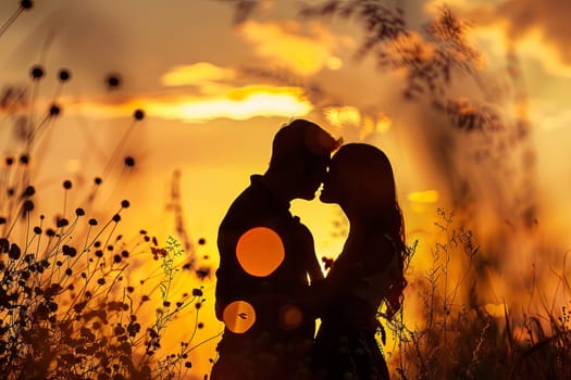 A couple passionately kisses in a field as the sun sets, casting a warm glow over the scene. They are surrounded by tall grass and wildflowers, creating a romantic backdrop for their intimate moment.