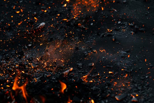 A close-up view of a bright orange and yellow fire blazing intensely on a dark black surface. The flames flicker and dance, casting a warm glow in the surrounding area.