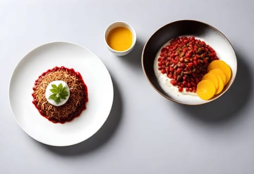 AI generated chile en nogada, mexican food on a white plate surrounded by the ingredients