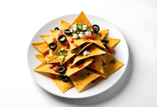 AI generated of nachos on a white plate with toppings