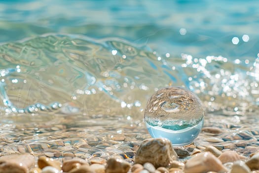 A glass ball is placed on top of a sandy beach, creating a contrasting visual element against the natural landscape. The sphere reflects the sunlight, adding a touch of shine to the scene.