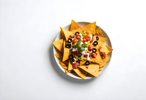 AI generated of nachos on a white plate with toppings
