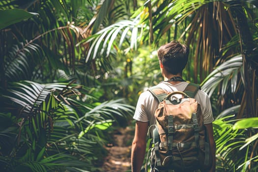 A man with a backpack is trekking through dense foliage in a jungle. He is surrounded by towering trees and lush green vegetation, navigating through the rugged terrain. The man appears focused and determined as he explores the wilderness on foot.