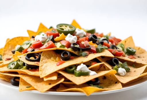 AI generated of nachos on a white plate with toppings