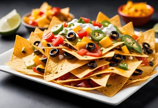 AI generated of nachos on a white plate with toppings