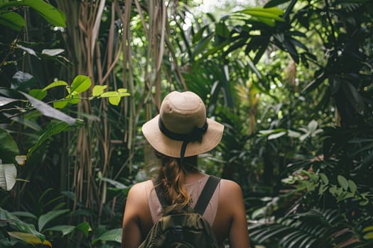 A woman, wearing a hat, is walking through a dense jungle filled with lush green foliage. She is surrounded by tall trees, vines, and exotic plants as she explores the wild environment.