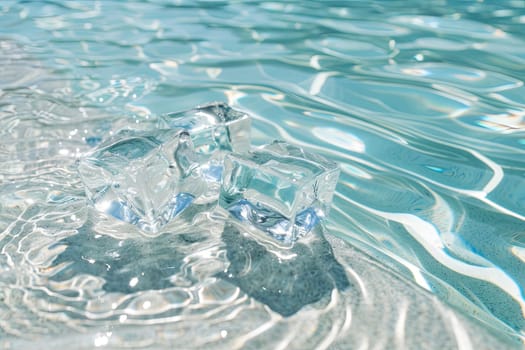 An ice cube floats effortlessly in a pool of clear water, its frozen form slowly melting as it interacts with the warmer liquid, creating a visual contrast between solid and liquid states.