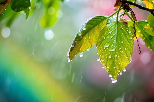 A close-up view of a vibrant green leaf covered in glistening drops of water. The leaf appears fresh and healthy, with the water droplets reflecting light.