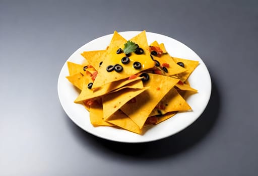 AI generated of nachos on a white plate with toppings