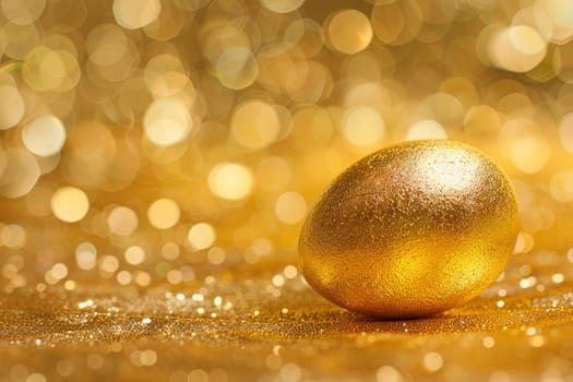 A shiny golden Christmas ornament is placed on a matching golden background. The ornament reflects light, casting a warm glow in the composition.
