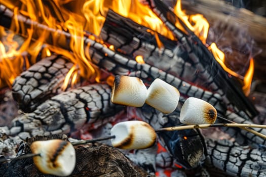 Close-up shot of food skewered on sticks being cooked over a fire. The flames are licking the food, charring it to perfection.