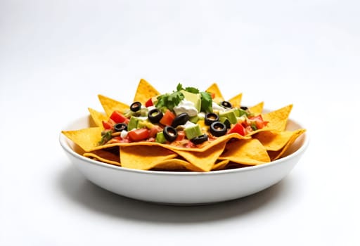 AI generated of nachos on a white plate with toppings