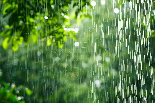 The close-up shows a rain shower head spraying water droplets with force. The metal shower head is attached to a wall, with the droplets splashing downwards.