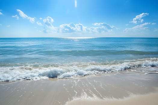 Waves crashing onto sandy beach with blue ocean stretching out to the horizon under a clear sky on a sunny day.