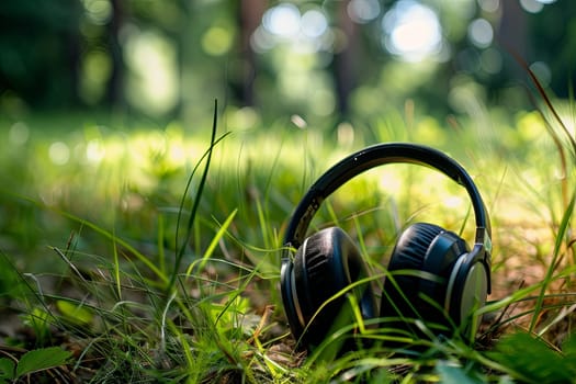 A pair of headphones abandoned in the green grass, blending with nature. The earphones rest peacefully underneath the clear sky, disconnected from their usual use.