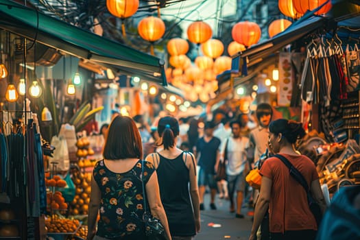A diverse group of individuals of different ages and genders is strolling through a bustling market. They are surrounded by colorful stalls, vendors selling various goods, and shoppers browsing and making purchases. The atmosphere is lively and dynamic as people move through the crowded market.