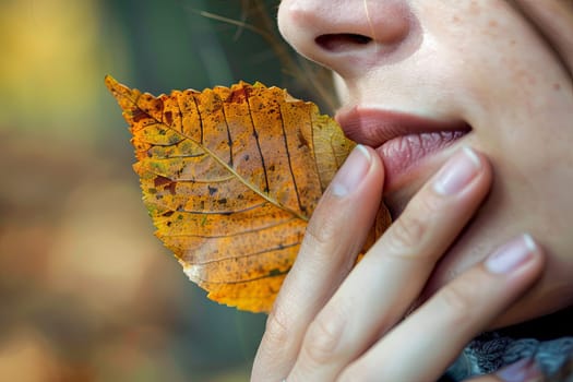 A close-up view of a persons hand holding a green leaf, showcasing the intricate details of the leafs texture and veins. The individuals fingers gently grasp the leaf, emphasizing the natural connection between human and plant life.