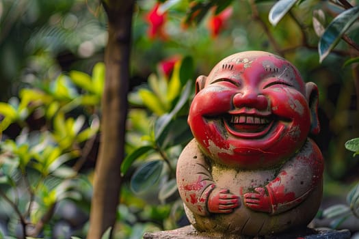A statue of Buddha, depicted laughing joyfully, sits perched on a rock. The Buddha figure exudes happiness and contentment, radiating positive energy to all who view it.
