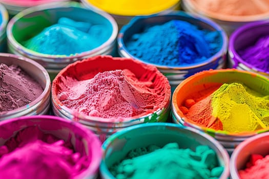 Several buckets are filled with vibrant colored powders, each bucket containing a different hue. The powders range from reds and blues to yellows and greens, creating a visually striking display of colors.