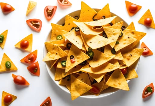 AI generated of nachos on a white plate with toppings