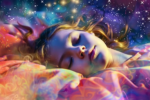 A young girl is peacefully sleeping on a colorful blanket. The scene shows the girl resting comfortably with her eyes closed, while surrounded by vibrant hues.