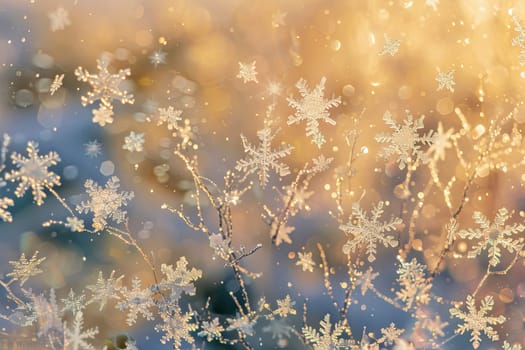 A close-up view of a plant with delicate snowflakes resting on its leaves and petals. The details of the plant stand out against the white snow, creating a winter scene.