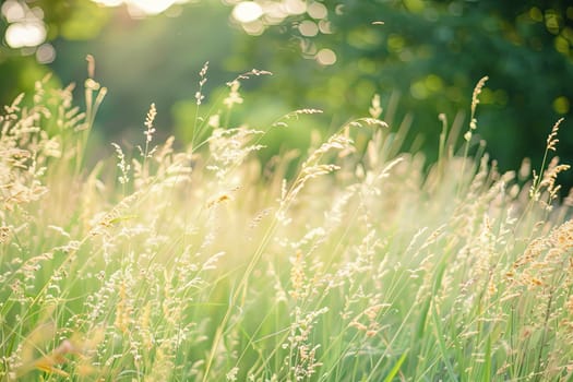 The sun shines brightly on a vast field of green grass, casting a warm glow across the landscape. Blades of grass sway gently in the breeze under the golden sunlight, creating a peaceful and natural scene.