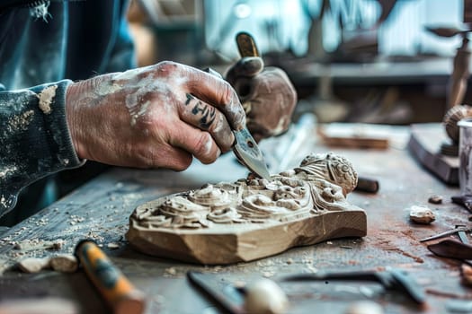 A man is standing outdoors, focused on carving a piece of wood with a sharp knife. Wood chips are scattered around him as he carefully shapes the wood into a specific design. The mans hands are steady and skilled as he works on his woodcarving project.