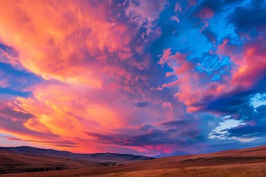 A vast field stretches out beneath a sky filled with numerous clouds of various shapes and sizes. The clouds dominate the sky, casting shadows on the land below.