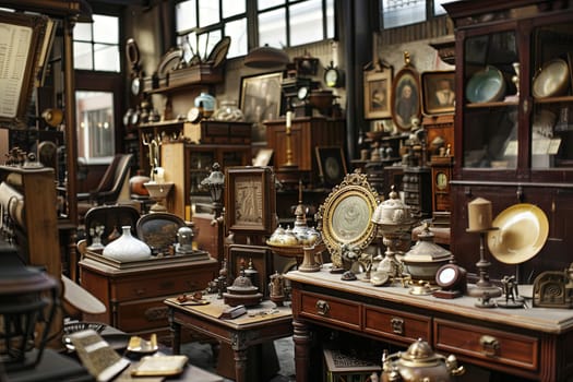 A room filled to the brim with various types of antiques such as furniture, clocks, ceramics, paintings, and sculptures. Each item showcases unique craftsmanship and historical significance, creating a visual tapestry of bygone eras.