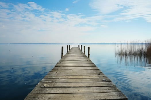 A sturdy wooden dock stretches out into a calm body of water. The dock is surrounded by water on all sides, with no land in sight.