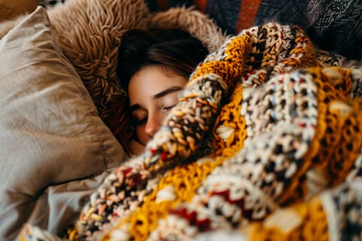 A woman is seen laying in bed, covered by a cozy blanket. She appears relaxed and comfortable, with her eyes closed in a peaceful state of rest.