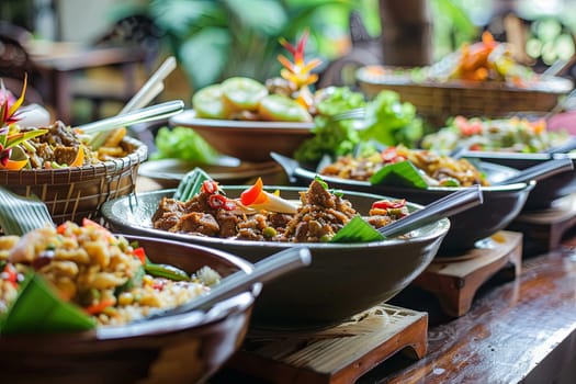 A close-up view of numerous plates filled with a variety of food items placed on a wooden table. Each plate holds different dishes, showcasing a diverse selection of culinary delights ready to be enjoyed.
