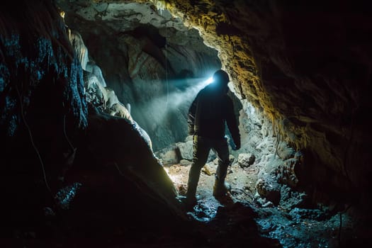 A man is standing inside a dark cave, holding a bright flashlight to illuminate the surroundings. The cave walls are rough and uneven, creating a sense of mystery and exploration.