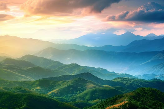 The sun dips below the horizon, casting a warm orange glow over the jagged peaks of a vast mountain range. Shadows lengthen as the day comes to an end, highlighting the rugged terrain and creating a striking silhouette against the colorful sky.