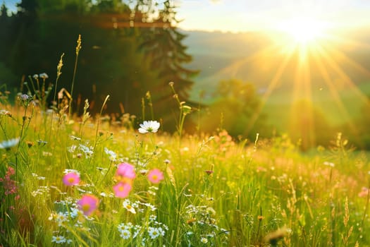 The sun is setting in the background, casting a warm glow over the vast field of grass and colorful flowers. The green grass sways gently in the breeze, while the flowers add pops of color to the landscape.