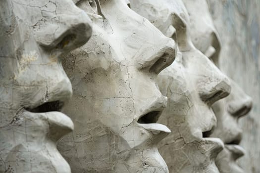 A row of stone heads is displayed on a wall, each intricately carved with distinct facial features. The heads are lined up in perfect alignment, showcasing ancient craftsmanship and cultural significance.