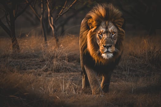A lion is walking through a grassy field with trees in the background. The lions majestic mane stands out against the green landscape as it moves gracefully. Its powerful muscles are visible as it strides confidently through the open space.