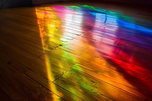 A wooden floor is illuminated by a rainbow-colored light, creating a vibrant and colorful display. The light creates a striking contrast against the warm tones of the wooden surface, adding a playful and whimsical touch to the space.