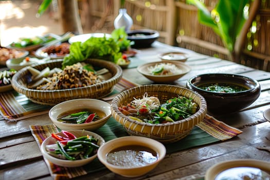 A wooden table is seen with various bowls of food placed neatly on top. The bowls contain a variety of dishes, showcasing colors and textures, creating an inviting and appetizing display.