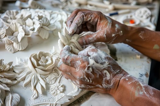 A close up view of a person sculpting clay on a pottery wheel, shaping and molding the material with their hands in a creative process.