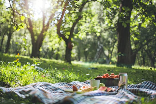 A group of people enjoying a picnic in the park, seated on a colorful blanket and surrounded by a variety of delicious food items. The park setting features green grass, trees, and sunshine on a clear day.