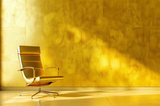 A simple wooden chair is placed in front of a vibrant yellow wall. The chair appears sturdy and functional against the bright background.