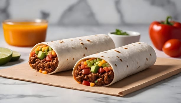 AI generated of burritos, mexican food surrounded by the ingredients