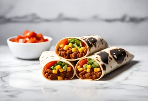AI generated of burritos, mexican food surrounded by the ingredients