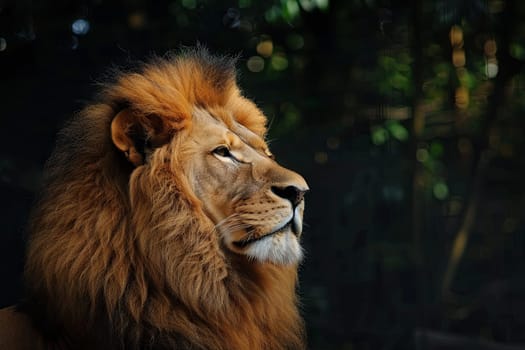 A close-up view of a lion standing with trees in the background. The majestic lion is the central focus, showcasing its powerful presence and distinctive mane. The lush green trees add a natural backdrop to the scene.