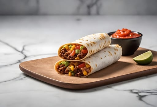 AI generated of burritos, mexican food surrounded by the ingredients
