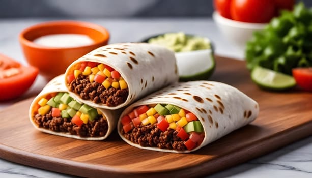 AI generated of burritos, mexican food surrounded by the ingredients