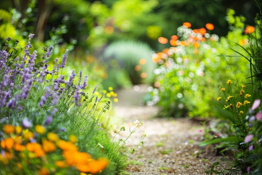 A path winds through a dense, vibrant green forest filled with colorful flowers. Sunlight filters through the canopy, illuminating the flora and fauna along the trail.