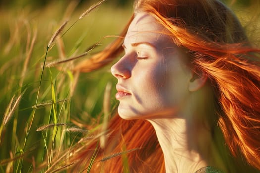 A woman with vibrant red hair is standing in a field of tall grass, surrounded by greenery. The sunlight casts a warm glow on her as she looks ahead.